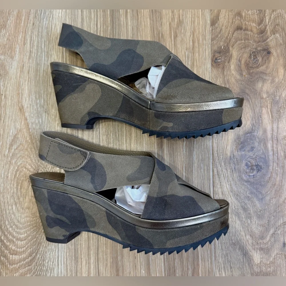 Pedro Garcia Camo Suede Platform Wedge Sandals Size 39